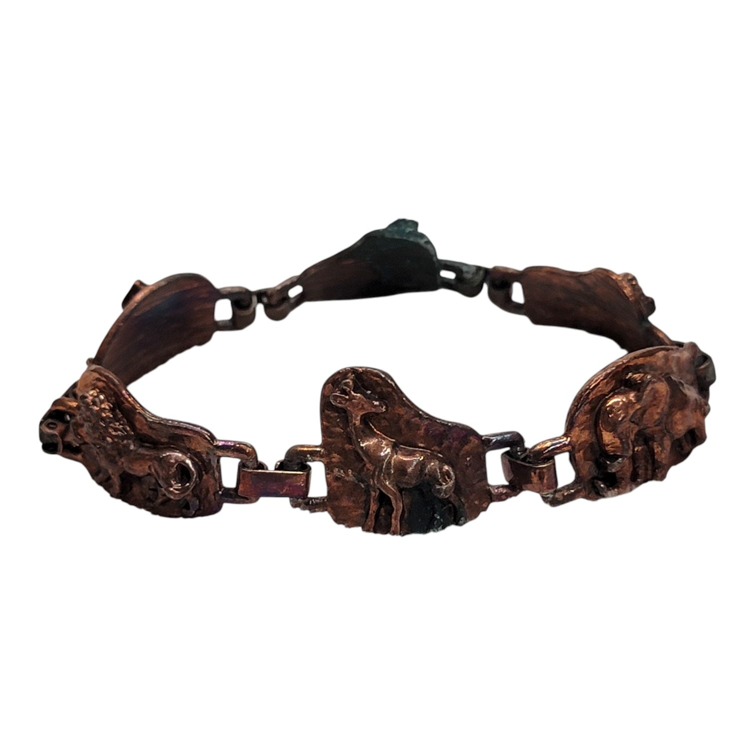 Vintage Solid Copper Jungle Safari Panel Link Bracelet Mcm Elephant Lion Giraffe